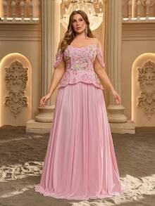 Glamrae Plus Size Elegant Pink Glossy Mesh Asymmetrical Sleeve Cinched Waist Ruched Sheer A-Line Skirt Suitable For Date Single Party Wedding Event - Burgundy - View 4