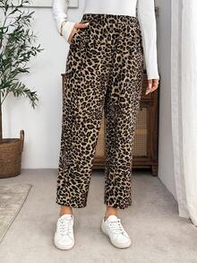 EMERY ROSE Celana Panjang Kasual Wanita Motif Leopard dengan Saku untuk Pemakaian Sehari-hari - Coklat - View 6