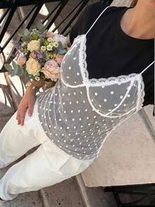 SHEIN MOD 大尺碼女款撞色蕾絲波點網紗二合一T恤 - 黑色 - 查看 2