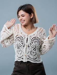 SARA VAULT Vacation Casual Hollow Out Crochet Cardigan In Fall/Winter - Apricot - View 6