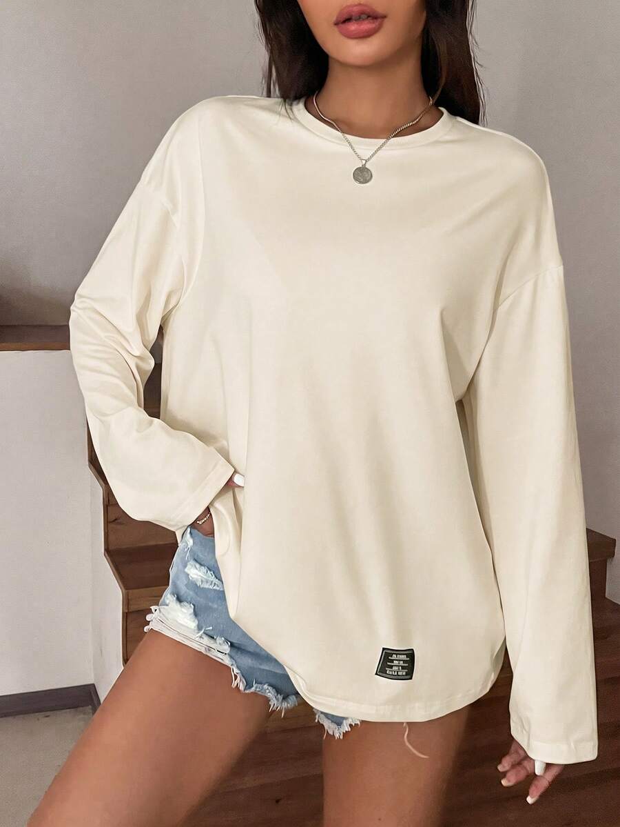 SHEIN EZwear 夏季純色蝴蝶結裝飾短版修身T恤 - 杏色 - 查看 1
