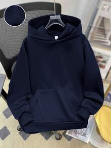 SHEIN 青少年男孩休閒寬鬆舒適百搭純色運動衫 秋冬衣物 - 藏蓝色 - 查看 1