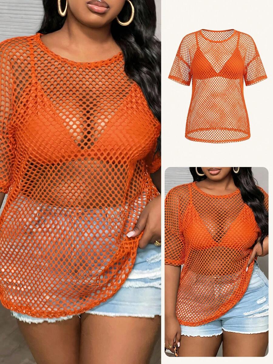 Slaydiva Plus Size Casual Street Style Black Sheer Loose 3/4 Sleeve Round Neck Regular Length T-Shirt, Spring/Autumn - Orange - View 1