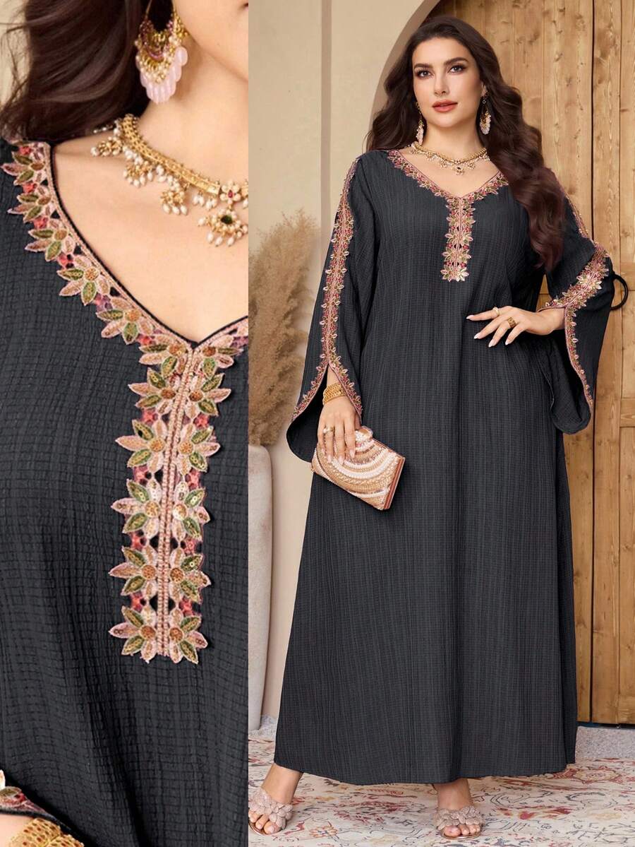 Al Najma Plus Size Women's Elegant Embroidered Arabic Traditional Long Dress - Dark Grey - View 1