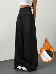 SHEIN Tall Women's Solid Color Drawstring Waist Wide Leg Loose Athletic Pants - Black - View 1