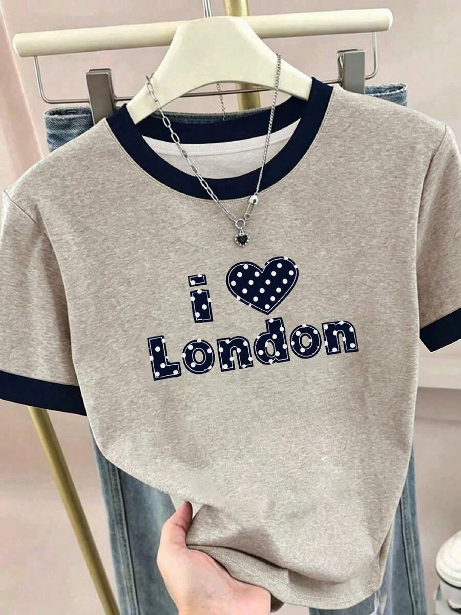 Resyla 夏季休閒上衣 女款標準版型 T-shirt 極簡藍灰色拼接 英文字母愛心印花圖案 日常穿著 返校季 百搭休閒 - 彩色 - 查看 1