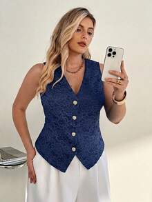 SHEIN Essnce Chaleco de encaje de color liso elegante para ir al trabajo en verano, otoño/invierno, talla grande - Azul Marino - Ver 3