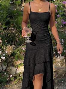 Skyraze Women's Elegant Ruched Waist Ruffle Hem Spaghetti Strap Dress - Black - View 2