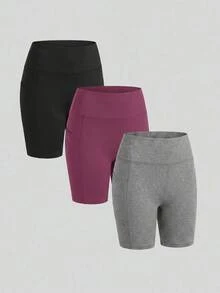Sweetra Solid Color High Waist Seamless Sports Shorts - Multicolor - View 3