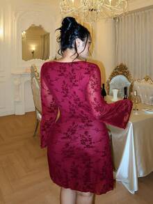GalTyme Plus Size Women's Floral Flocked Round Neck Long Sleeve Elegant Dress Winter - Burgundy - View 2