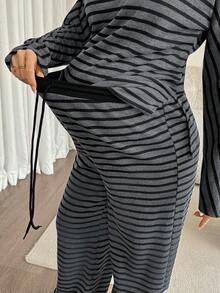 SHEIN Setelan Hamil 2 Potong: Atasan Bergaris Blok Warna dengan Hem Asimetris dan Celana Panjang Kasual dengan Tali Serut di Pinggang (Musim Gugur) - Dark Grey - View 6