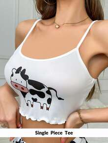 SHEIN Casual Underwear&Sleepwear 女士奶牛印花圆领蕾丝肩带吊带背心、睡衣吊带背心（不含短裤） - 白色 - 查看 6