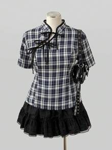 Sunspun Plus Size Summer Casual Plaid Tie-Front Cheongsam Collar Shirt - Multicolor - View 8