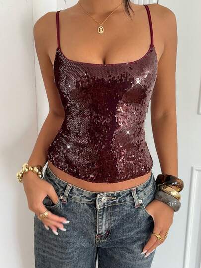 Aloruh Áo hai dây nữ đính sequin thời trang đa năng mặc hàng ngày và đi chơi