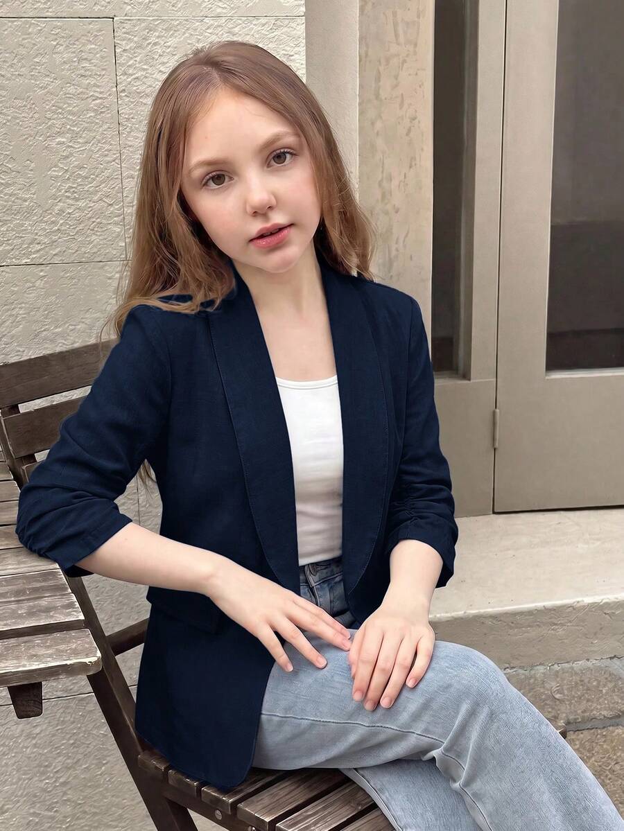 SHEIN 大童女孩優雅休閒藍白條紋領口百褶設計七分袖上衣,適合春秋日常穿著 - 藍色 - 查看 1