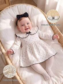 SHEIN Newborn Baby Girls A-Line Dress Sweet Elegant Beige Black Polka Dot Bow Ruffle Long Sleeve Ruffled Collar Birthday Party Fall Cozy Ballet Ribbed Knit - Apricot - View 2