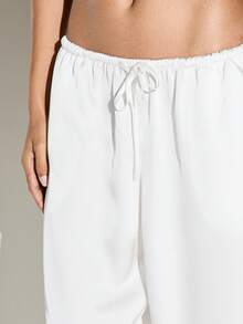 KIZN Satin Wide Leg Casual Pants With Elastic Drawstring Waist Side Pockets Full Length Summer Holiday Loungewear Trousers - White - View 4