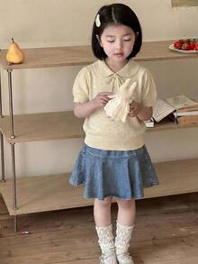 Dazy Kids Young Girl Plain Pleated Casual Versatile Everyday Knit Top - Apricot - View 2