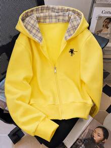 SHEIN 青少年女孩格紋內裡連帽拉鍊運動衫，厚款短版秋季夾克，小眾淡黃色小馬印花，休閒學院風學生款 - 黃色 - 查看 7