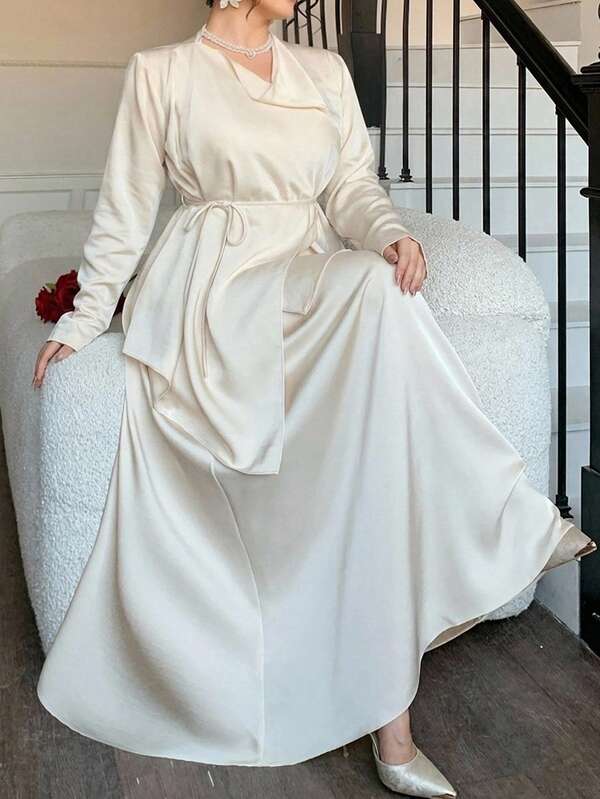 Dazy Plus Satin Cowl Neck Wrap Cinched Waist Top And Camisole Maxi Dress Elegant 2-Piece Set