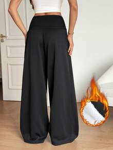 SHEIN Tall Women's Solid Color Drawstring Waist Wide Leg Loose Athletic Pants - Black - View 7