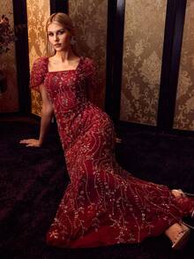 MOTF PREMIUM ELEGANT SHORT SLEEVES SQUARE NECK BEADED MERMAID GOWN WITH LACE-UP BACK DETAIL FOR FORMAL PARTY - Burgundy - View 7