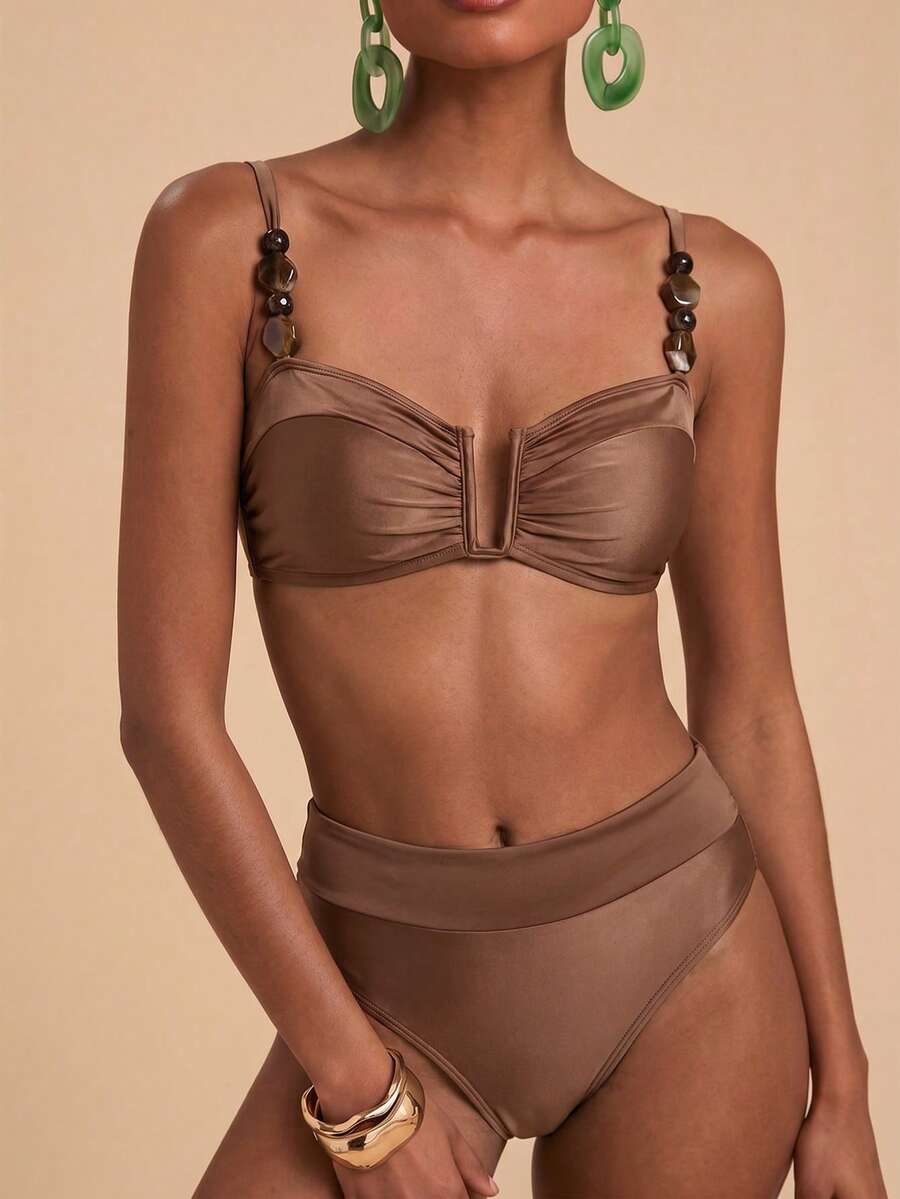 Travachic Women's Vacation Beach Beaded Decor Swimsuit Set - Brown - View 1
