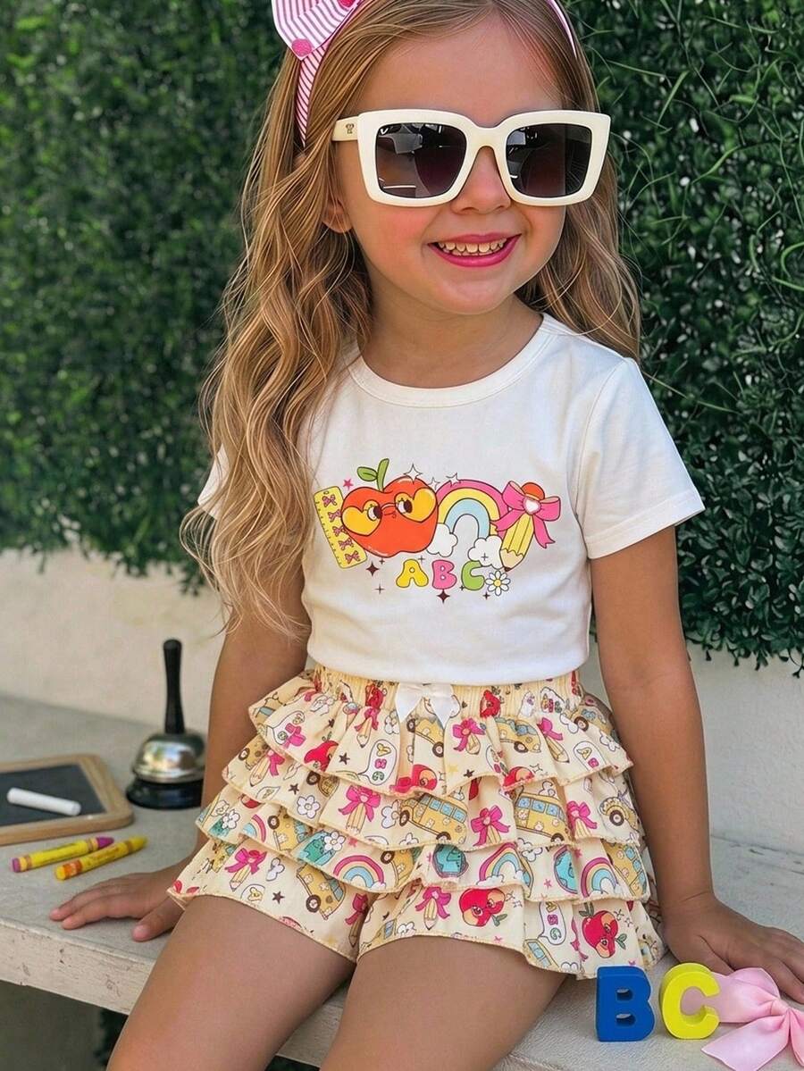 Emery Rose Kids Emery Rose Kids 女童小女孩 2件組 T恤套裝，可愛卡通休閒穿搭，適合返校季