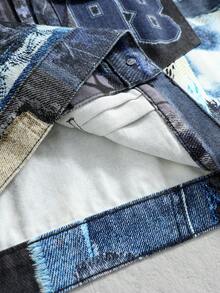 ROMWE MEN Street Life Men's Digital Pattern Casual Versatile Daily Denim Jacket - Blue - View 9