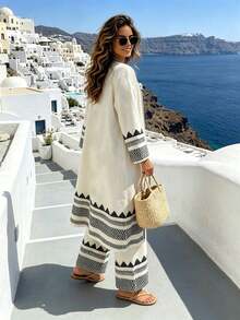 Ceyna Damen Große Größen Lässig Boho Urlaub Geometrisches Muster Langarm Robe Jacke Elastische Weite Beinhose 2-teiliges Set Brunch Strand Schwarz Zitrone Herbst - Aprikosenfarben - Übersicht 4