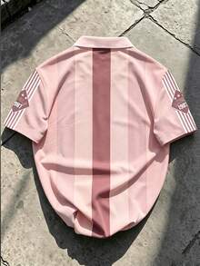 Manfinity LEGND 男士休閒條紋印花短袖 Polo 衫，夏季領口字母圖案上衣 - 粉色 - 查看 2