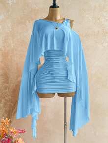 Soleia Women's Sexy Asymmetrical Shoulder Ruched Ruffle Dress With Asymmetrical Mesh Top 2 Pieces Set For Vacation - Blue - View 3
