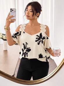 SHEIN Frenchy 大尺碼女款花卉圖案露肩時尚優雅上衣 - 杏色 - 查看 8