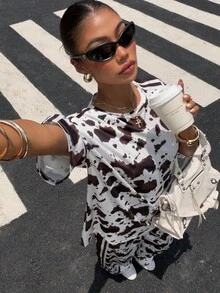 Muchica 女款牛紋拼色白色條紋休閒街頭牛仔女度假風 Y2K 居家服套裝，長袖上衣搭配寬腿長褲，可愛街頭風穿搭 - 彩色 - 查看 4