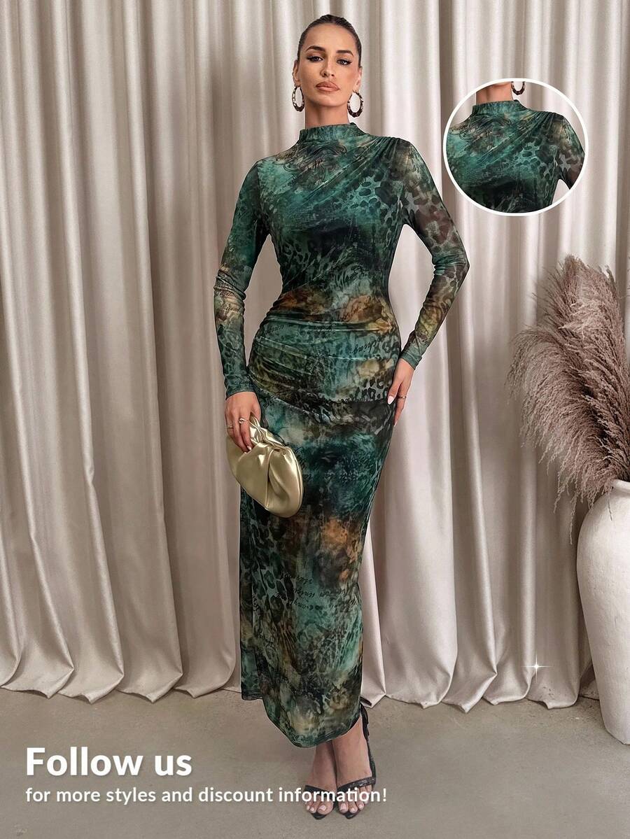 Lavishia 女款黑色與咖啡色抽象印花長袖修身洋裝 高領長袖 - 棕色 - 查看 1