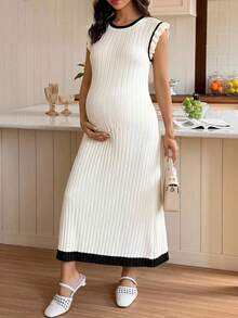 SHEIN Umstandskleid mit Farbblock, Rundhalsausschnitt, Flügelärmeln, figurbetonend, gestrickt, Herbst - Schwarz und Weiss - Übersicht 1
