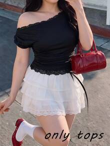 SHEIN MOD Plus Size Elegant Solid Color Lace Patchwork Asymmetrical Collar T-Shirt - Black - View 1