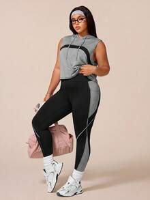 SHEIN Rhythm Era 女款運動瑜伽戶外健身運動套裝，抽繩連帽無袖寬鬆運動衫，胸前弧形對比色設計，緊身運動褲配條紋與色塊對比設計 - 彩色 - 查看 3