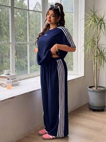 SHEIN EZwear 大尺碼女款字母印花拼色長袖上衣與長褲休閒套裝 - 藏蓝色 - 查看 6