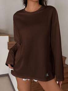 SHEIN EZwear 夏季純色蝴蝶結裝飾短版修身 T-shirt - 棕色 - 查看 3