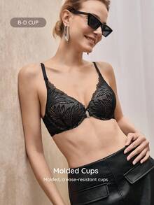 Bralution 1pc Sexy Lace Padded Front Closure Underwire Push Up Bra - Black - View 3