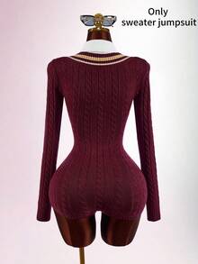 Amplova Women's Preppy V-Neck Cinched Waist Ultra Short Mini Romper - Burgundy - View 6