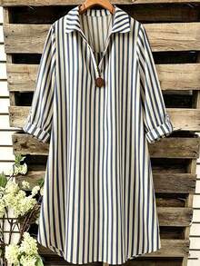 SHEIN LUNE Gaun Wanita Lengan Panjang Kasual Longgar Bergaris Leher V Baru - Biru - View 5
