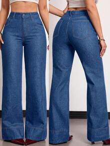 SHEIN EZwear 大尺碼時尚鈕扣口袋直筒牛仔褲，適合日常穿著，秋季款 - 中等水洗藍 - 查看 2