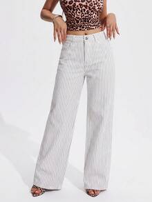 SHEIN PETITE 女款條紋直筒寬鬆休閒百搭牛仔褲 - 白色 - 查看 4
