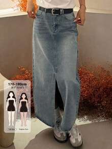Dazy Tall Women's Front Slit Straight Long Denim Skirt, Casual Chic Fall - Medium Wash - View 1