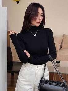 DAZY Women's Solid Color High Neck Fitted Long Sleeve Pullover Sweater - Black - View 4