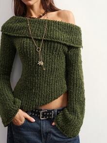 Bohemela Women's Versatile Retro Off-Shoulder Long Sleeve Sweater Fashion - Army Green - View 2