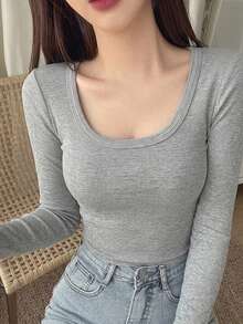 DAZY 女款休閒百搭純色長袖上衣 - 灰色 - 查看 1