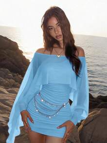 Soleia Women's Sexy Asymmetrical Shoulder Ruched Ruffle Dress With Asymmetrical Mesh Top 2 Pieces Set For Vacation - Blue - View 7